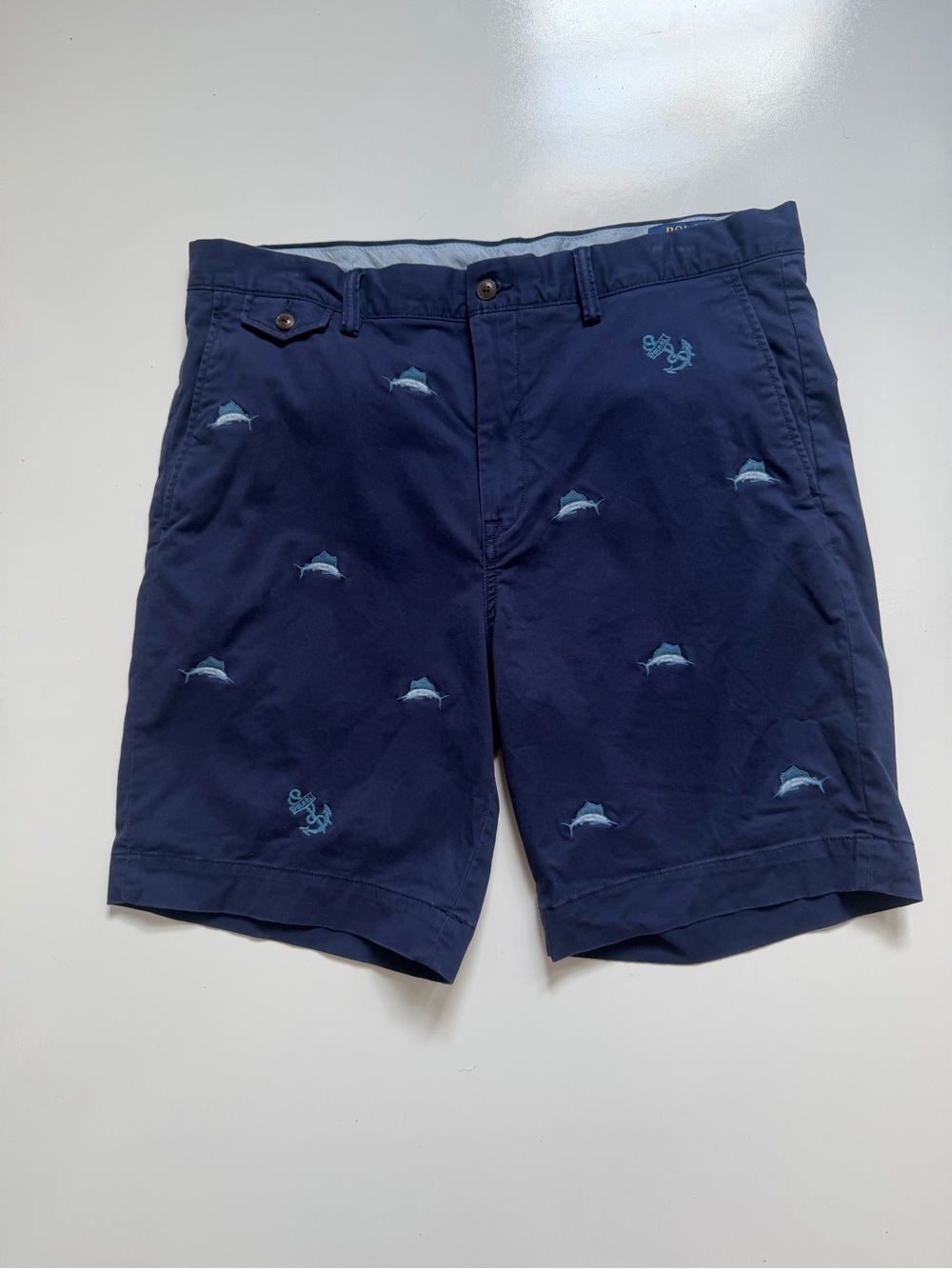 Polo Ralph Lauren Classic Fit Navy Embroidered Marlin Chino Shorts Men 35